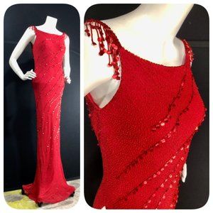 JENNY PACKHAM gown / Red Silk beaded sheath for Valentines Day / Size UK12